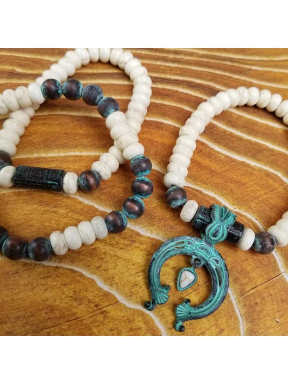 Southwestern Turquoise Patina Squash Blossom Beaded Bracelet Stack Set OSFM NWT